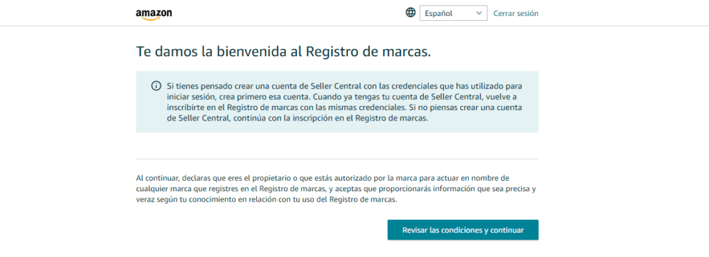 Página de bienvenida del proceso de registro de marcas en Amazon