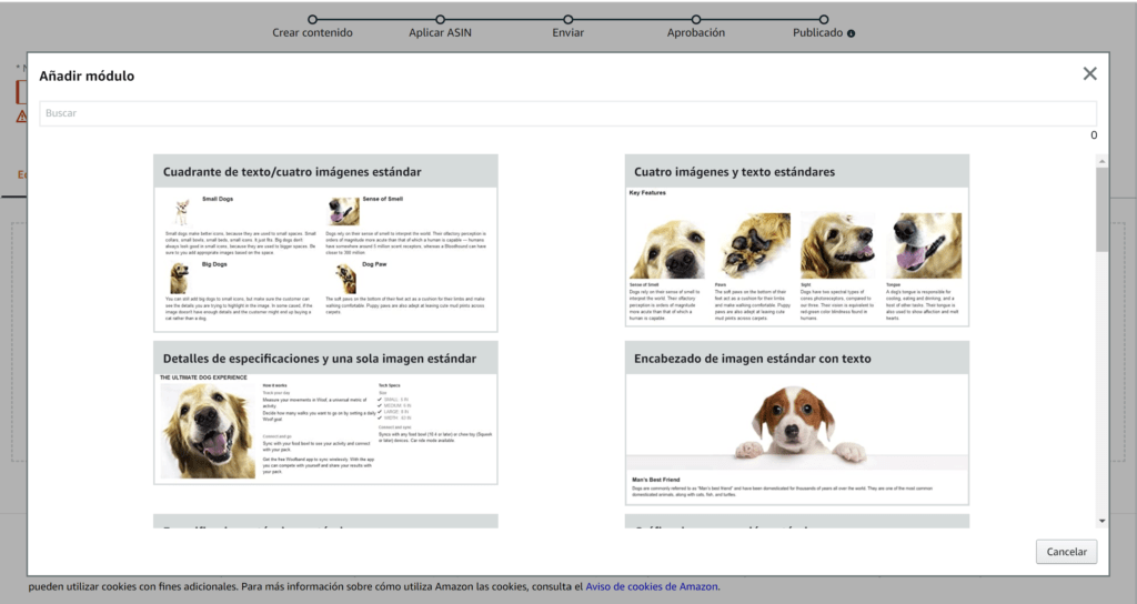 Captura del editor de contenido A+ en Seller Central
