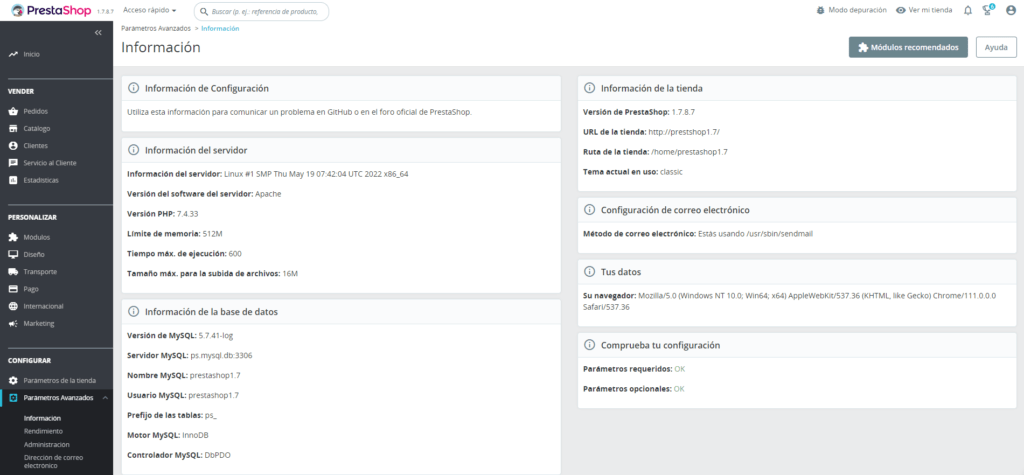 parámetros óptimos - mantenimiento prestashop