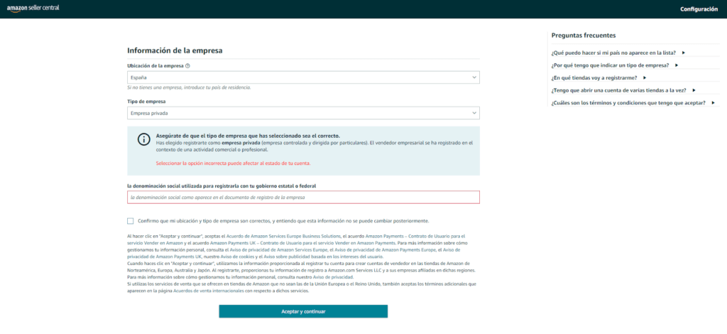 Primer paso en el proceso de registro como vendedor en Amazon: información de la empresa