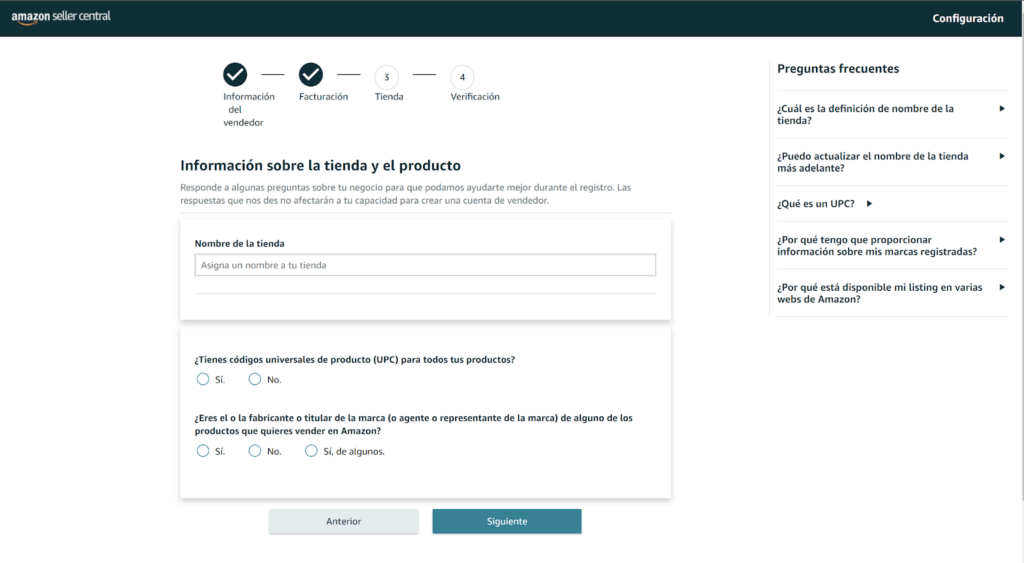 Tercer paso en el proceso de registro como vendedor en Amazon: información de la tienda