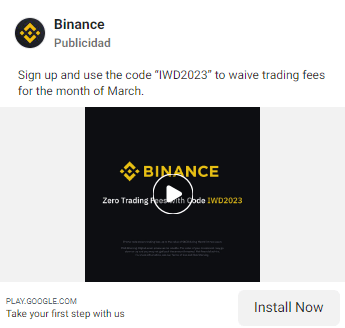 Ejemplo anuncio de PPC para proyectos Web3. Anuncio de Binance de Facebook Ads.