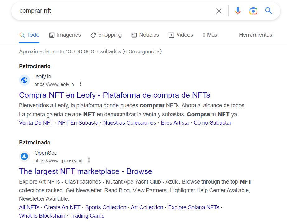 Anuncios de PPC en proyectos Web3. Anuncio de Google Ads para la KW 'Comprar NFT'