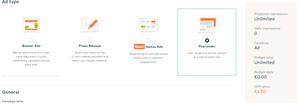 Tipos de anuncios en Cointraffic, plataforma de PPC para proyectos Web3.