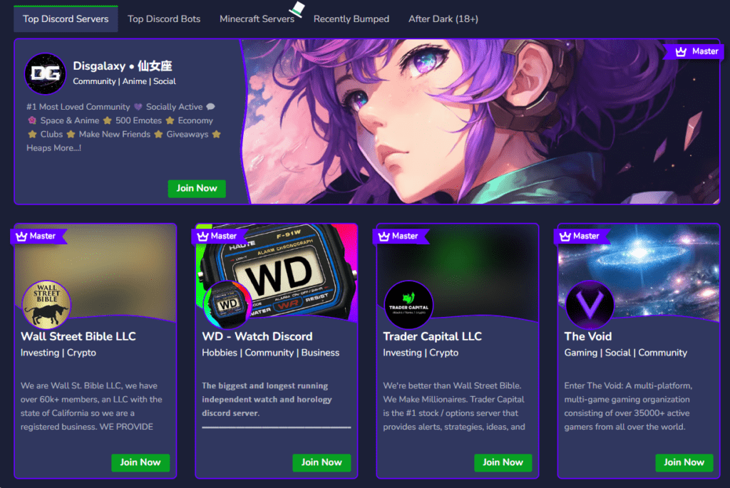 Ejemplo de servidores de Discords posicionados en Discord.me
