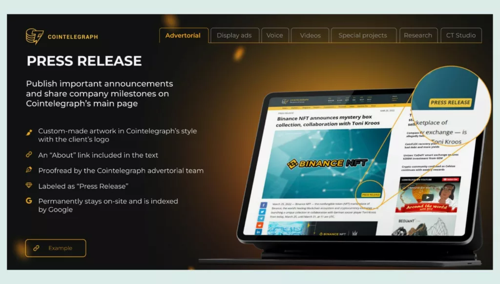 Ejemplo de Press Release en CoinTelegraph, opción de inversión de Paid Media para proyectos Web3