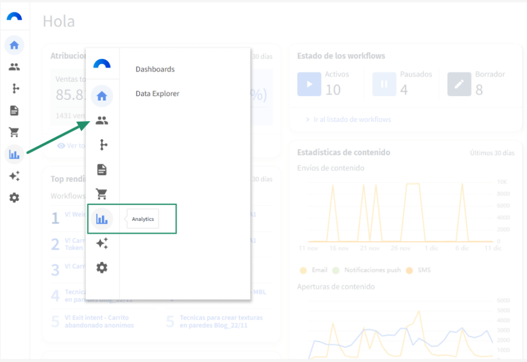 menú en el dashboard de inicio de la herramienta de Connectif