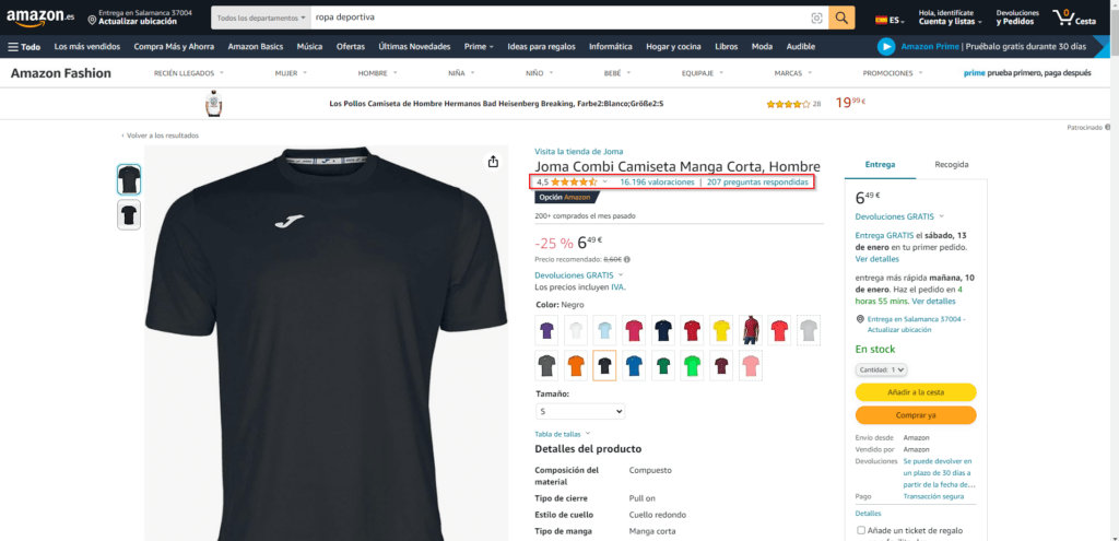 valoraciones en un producto de Amazon