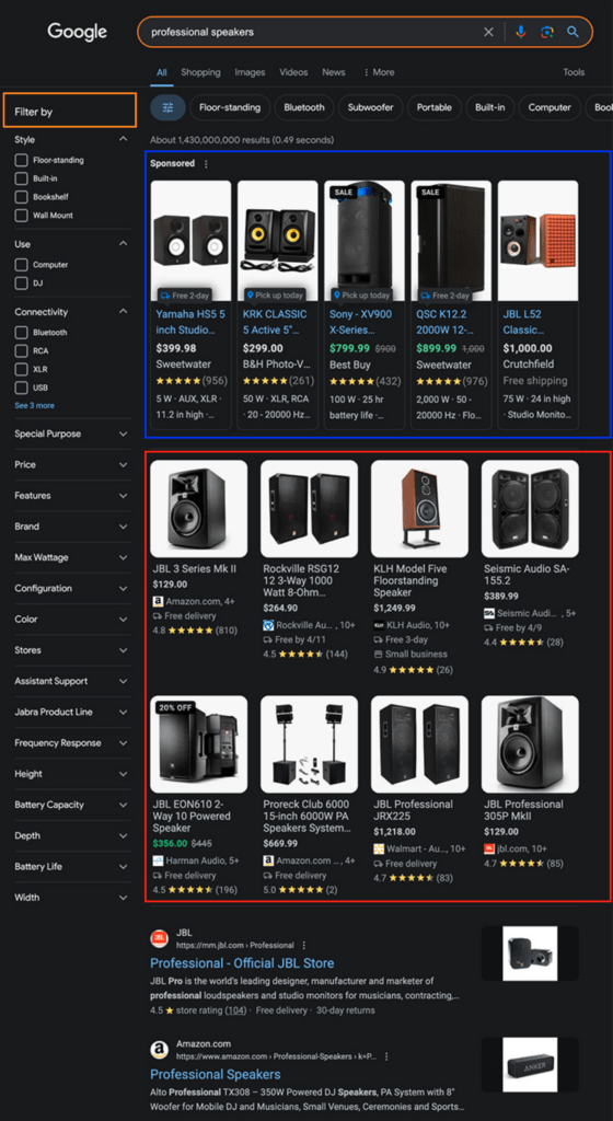 resultados de la fichas de comerciantes en la búsqueda de Google