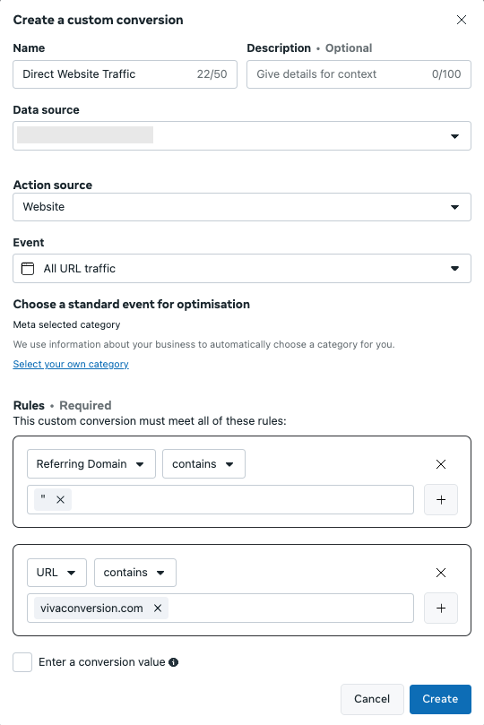 Configuración de conversión personalizada de tráfico directo