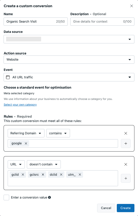 Configuración de conversión personalizada de tráfico orgánico