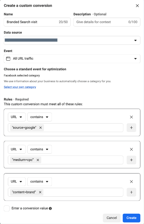 Configuración de conversión personalizada de campañas