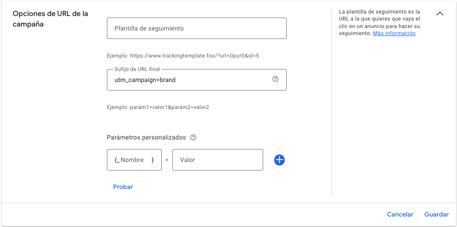 Configuración de UTM en la campaña de Google Ads