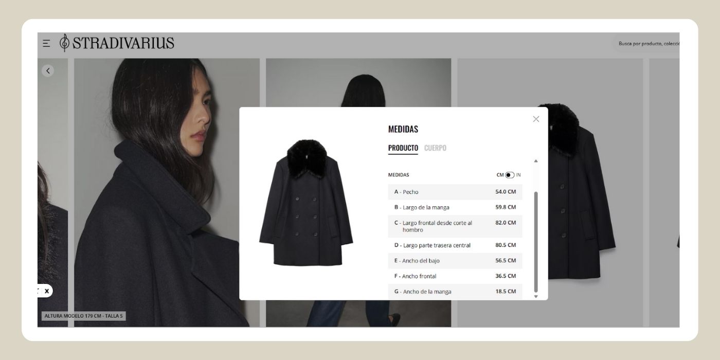 ejemplo de tallas en CRO y UX
